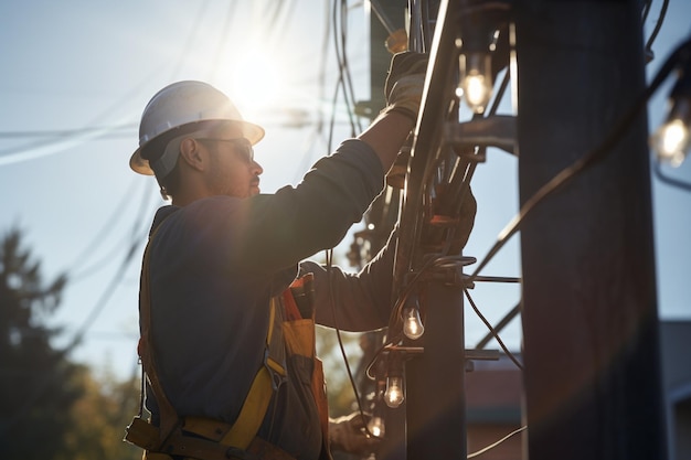 Un electricista arreglando un poste de energía con IA generativa