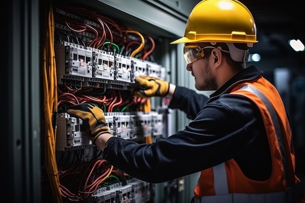 Foto un electricista con un casco y gafas de seguridad trabaja en un panel eléctrico