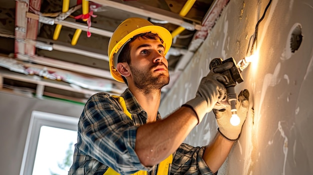 Electricista cualificado instalando accesorios de iluminación empotrados Ambiente cualificado mejora del hogar renovación precisión calidad eficiente Generado por IA