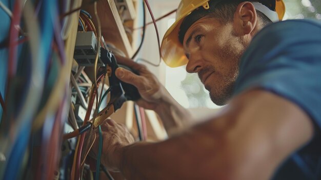 Foto electricista dedicado a la reparación de cables residenciales