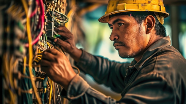 Foto un electricista enfocado con un casco de seguridad amarillo trabaja meticulosamente en un complejo panel eléctrico