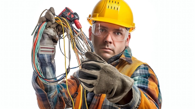 Foto electricista en equipo de seguridad retratado contra un telón de fondo blanco sosteniendo cables y listo para arreglar sistemas eléctricos