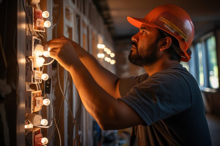 Un electricista está reparando las luces en un departamento recientemente renovado.