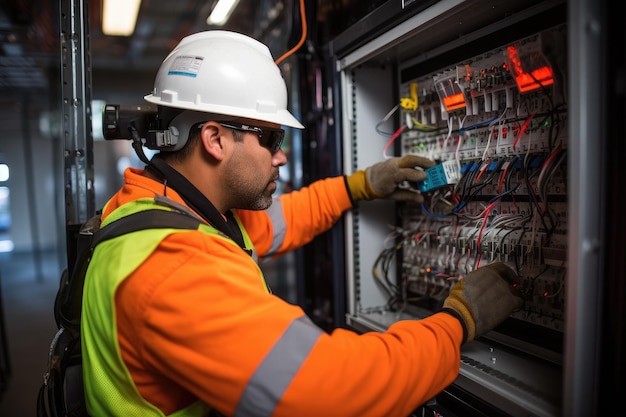 Un electricista experto con casco y equipo de seguridad trabaja diligentemente en un panel eléctrico Un electricista comercial trabajando en una caja de fusibles