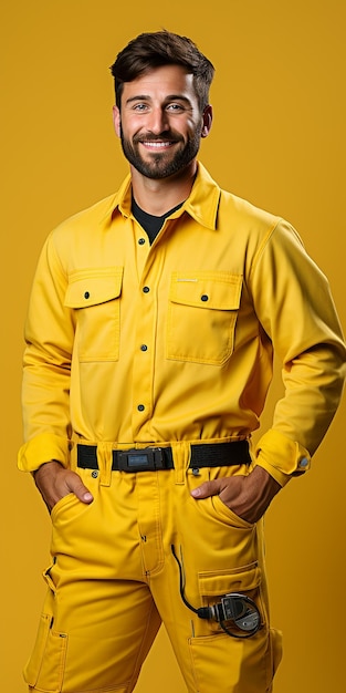 El electricista experto en un fondo amarillo sólido