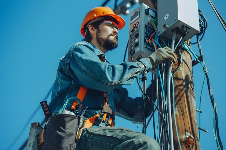 Electricista experto que trabaja en líneas eléctricas con equipo de seguridad
