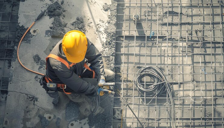 El electricista instalador de cables en el sitio de construcción