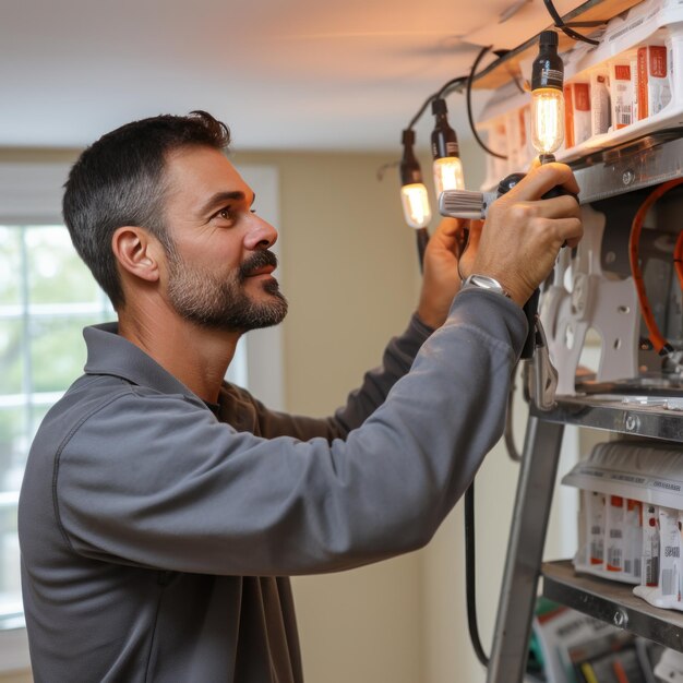 Foto el electricista instalando nuevas lámparas en una casa