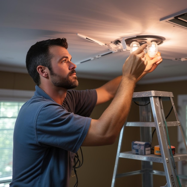 Foto el electricista instalando nuevas lámparas en una casa