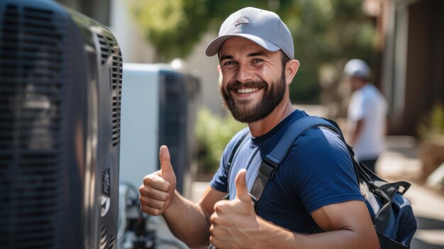 Foto un electricista masculino dando un visto bueno a un reparador de aire acondicionado trabajando desde casa