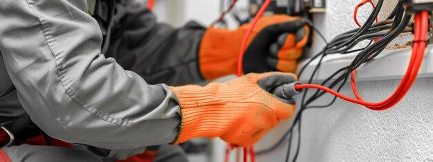 un electricista masculino instala un cable y un panel eléctrico