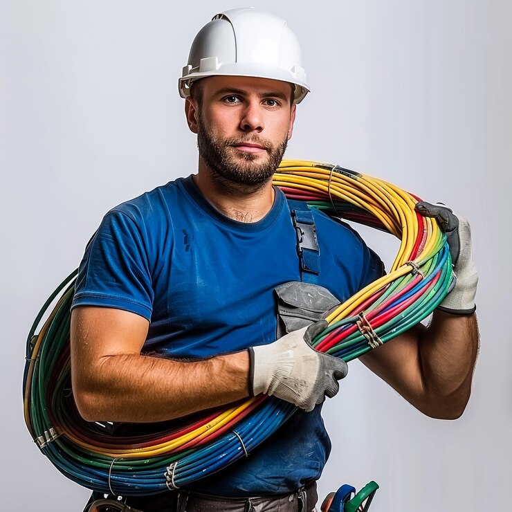 El electricista masculino sobre un fondo blanco