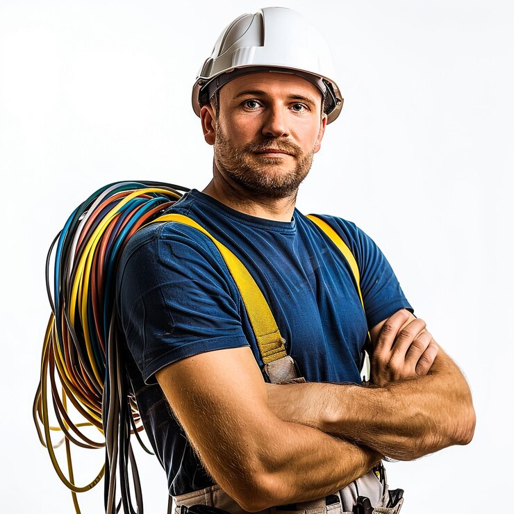 El electricista masculino sobre un fondo blanco