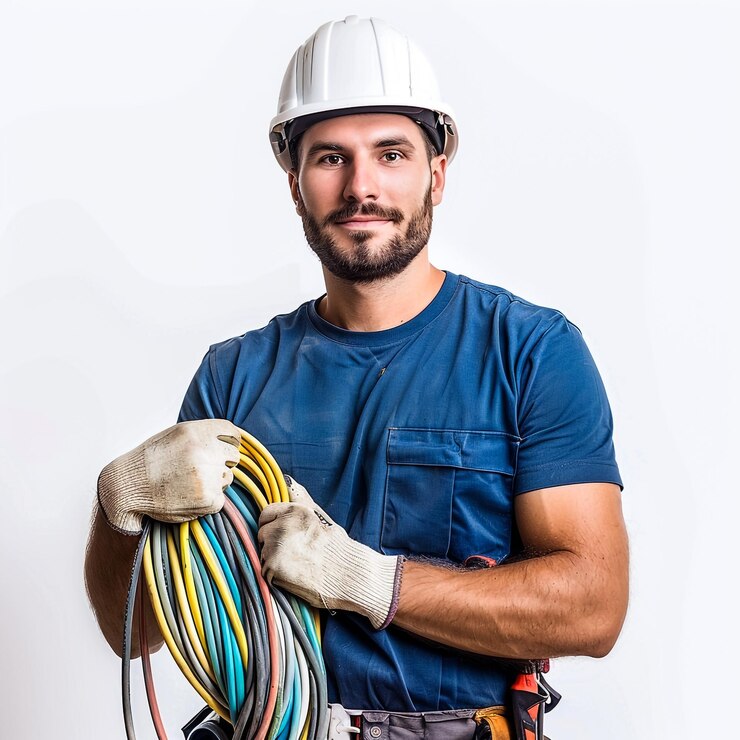 El electricista masculino sobre un fondo blanco