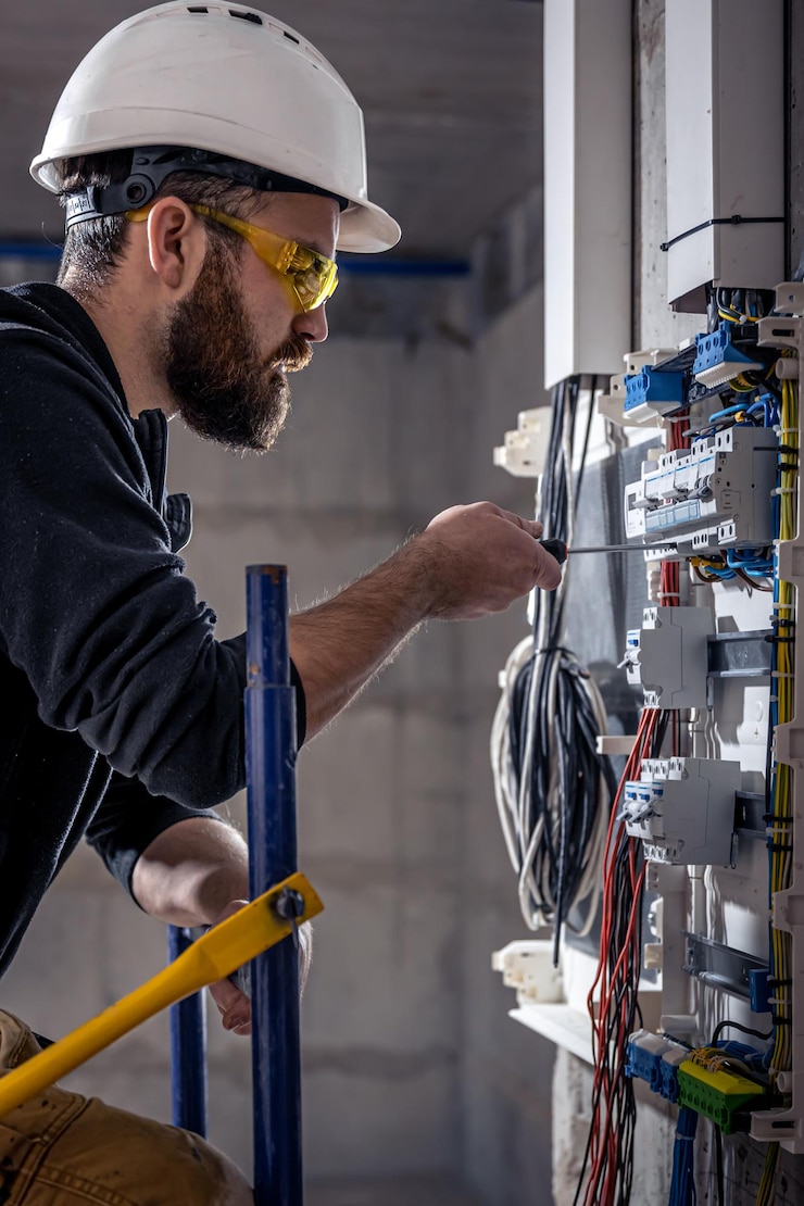 Foto un electricista masculino trabaja en una centralita con un cable de conexión eléctrica
