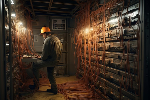 Electricista masculino trabaja en un sótano