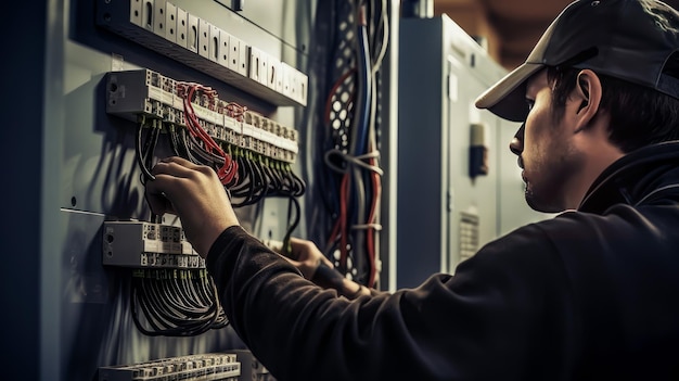 Foto electricista masculino trabajando con la caja de fusibles