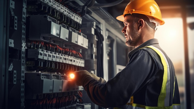 Foto electricista profesional un electricista masculino hábil que trabaja en una centralita con precisión y concentración