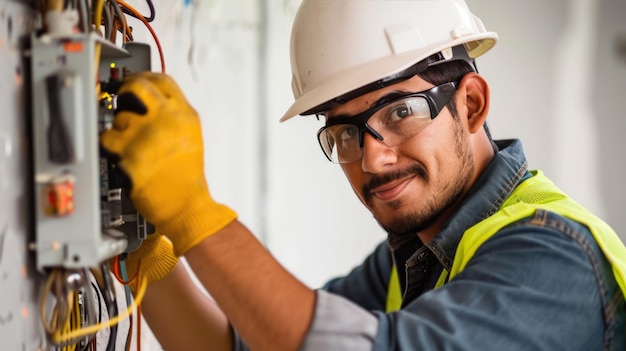 Un electricista profesional está sonriendo mientras trabaja en un complejo panel eléctrico