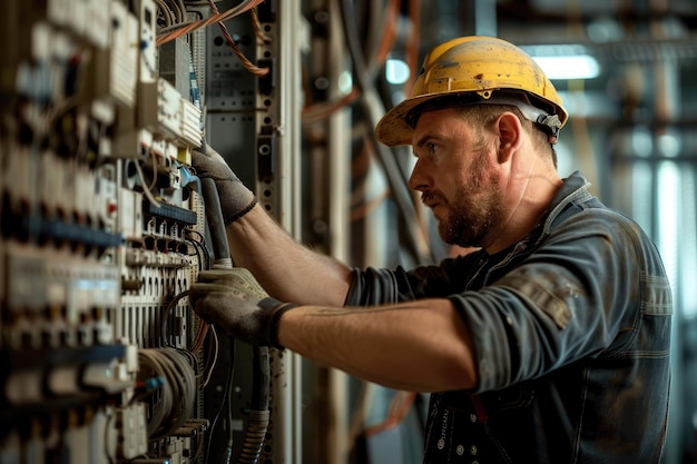 Un electricista profesional trabaja en una central eléctrica con un cable de conexión eléctrica