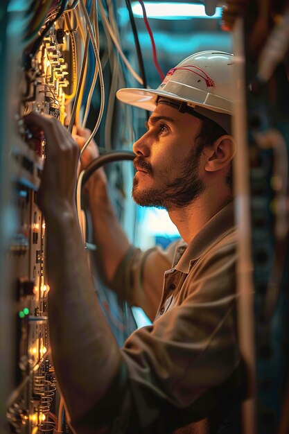 Foto un electricista profesional trabaja en una central eléctrica.