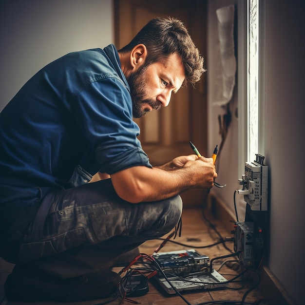 Un electricista profesional trabaja en una centralita