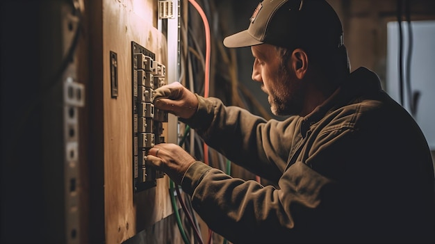 un electricista que trabaja con electricidad de bajo voltaje dentro de una casa