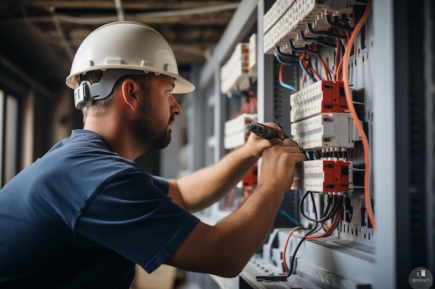 El electricista repara el cableado eléctrico en un panel eléctrico Instalación eléctrica