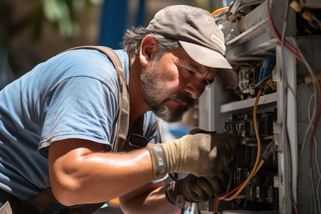 Electricista reparando el sistema de aire acondicionado