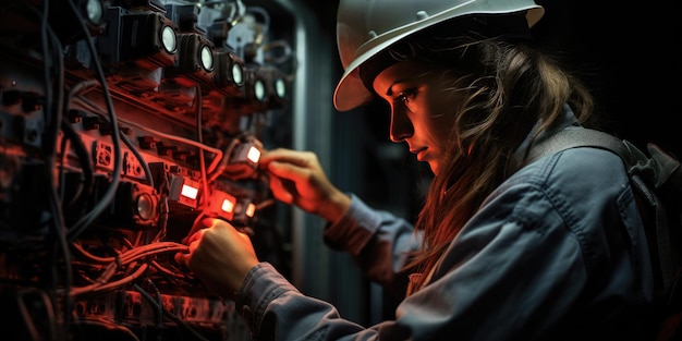 Electricista con ropa protectora realiza trabajo Foto de alta calidad IA generativa