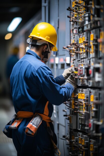 Un electricista con un sombrero amarillo y un mono azul trabaja en un panel eléctrico