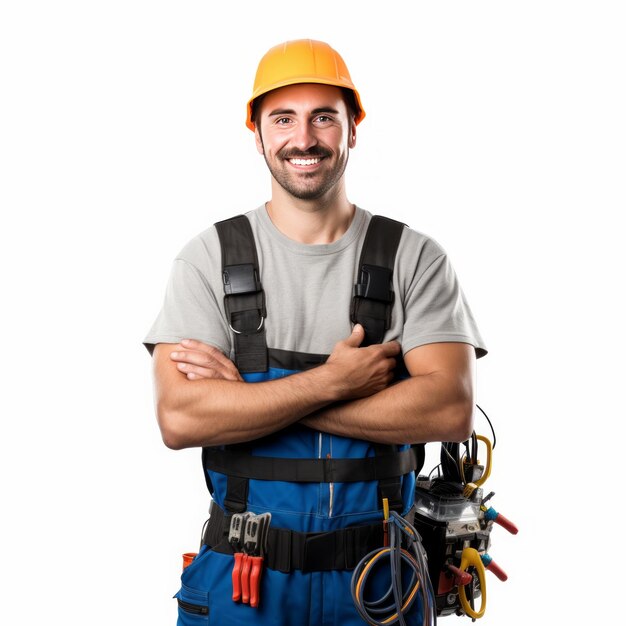 Foto un electricista sonriente aislado contra un fondo blanco