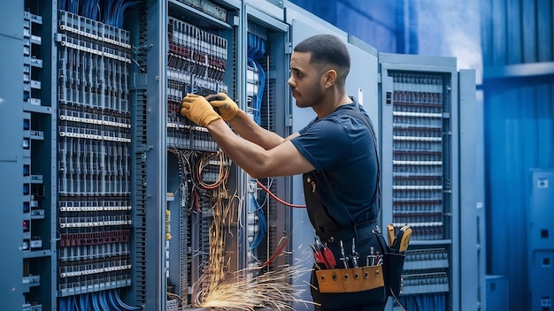 Foto un electricista trabaja en una central eléctrica con un cable de conexión eléctrica