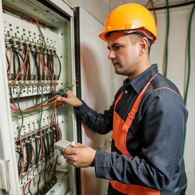 Un electricista trabaja en una central eléctrica con un cable de conexión eléctrica