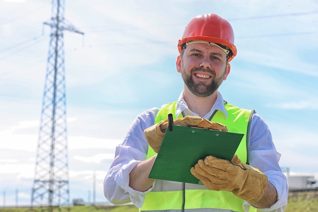 Electricista trabajando en un casco con guantes de pie en un campo