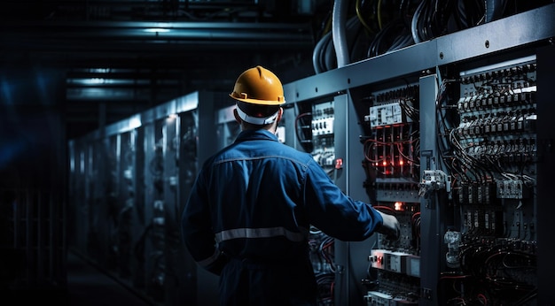 Foto electricista trabajando en una fábrica trabajador con casco trabajador eléctrico en acción