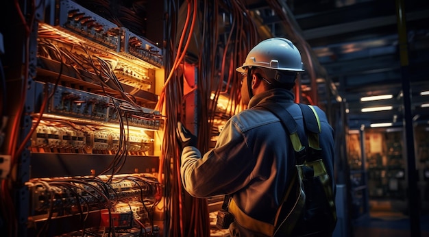 Foto electricista trabajando en una fábrica trabajador con casco trabajador eléctrico en acción
