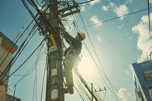 Electricista trabajando en un poste eléctrico