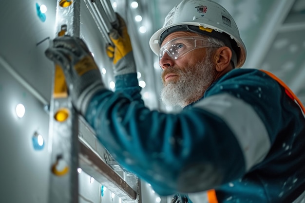 Electricista trabajando Retrato de un ingeniero eléctrico trabajando en la construcción