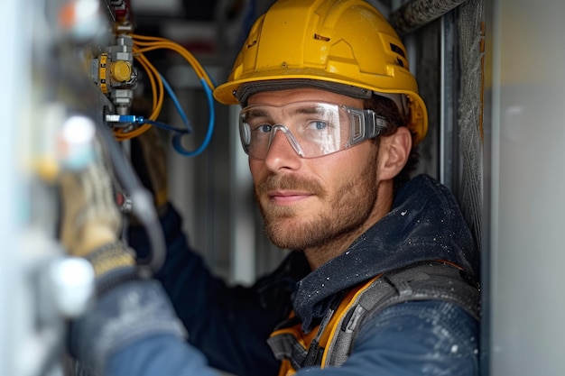 Electricista trabajando Retrato de un ingeniero eléctrico trabajando en la construcción