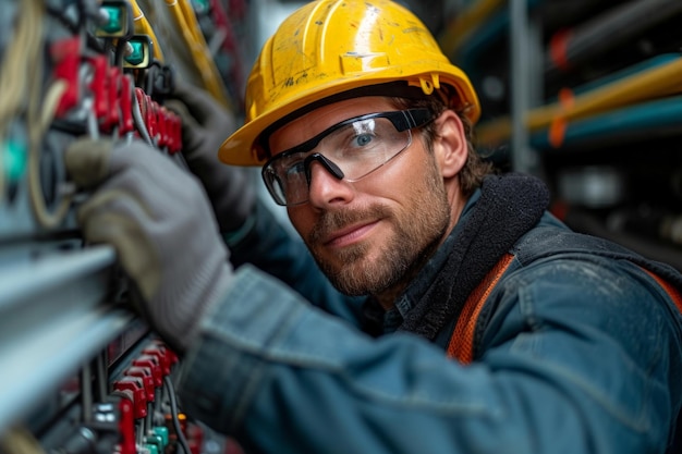 Electricista trabajando Retrato de un ingeniero eléctrico trabajando en la construcción