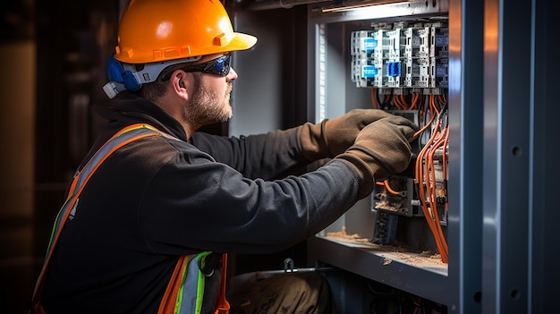 Foto un electricista en el trabajo comprueba la conexión del cable e instala la pantalla ia generativa