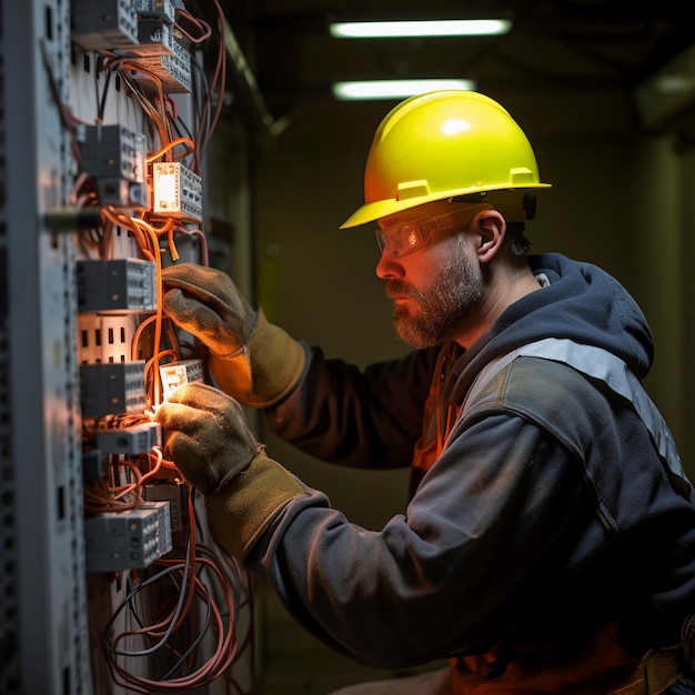 Electricista en el trabajo con equipo de seguridad