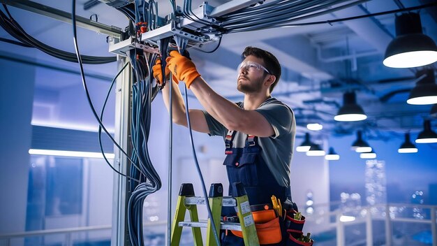 El electricista vysotnik hace la instalación de redes eléctricas