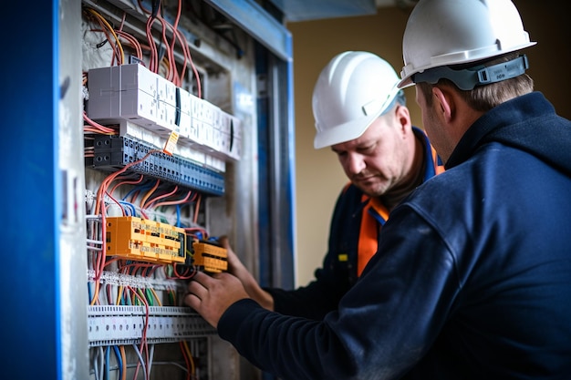 Electricistas masculinos profesionales trabajando juntos generativamente por Ai