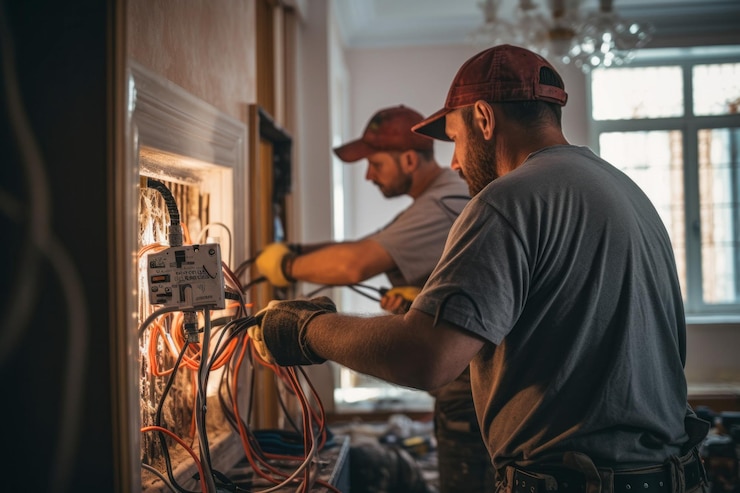 Foto los electricistas profesionales trabajan con ia generativa