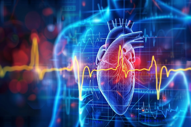 Electrocardiograma e conceito de coração com holograma de coração e onda ECG do corpo