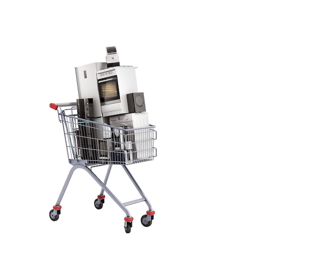 Electrodomésticos en el carrito de compras Comercio electrónico o concepto de compras en línea 3d no representan sombra