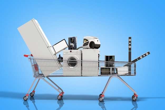 Electrodomésticos en el carrito de compras Comercio electrónico o concepto de compras en línea renderización 3D en azul