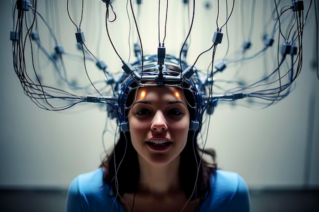 Foto electrodos de estimulación mental en la cabeza de una niña